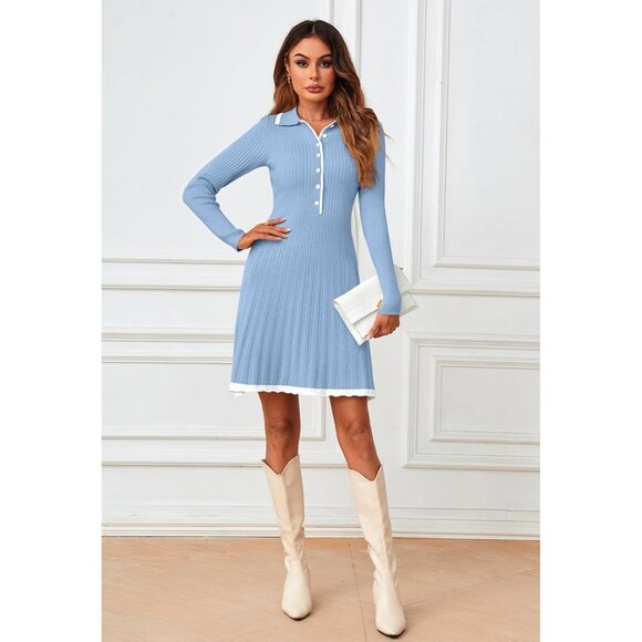 Merokeety Women's Blue Long Sleeve V Neck Button Knit Pleated Sweater Dress - Picture 2 of 7